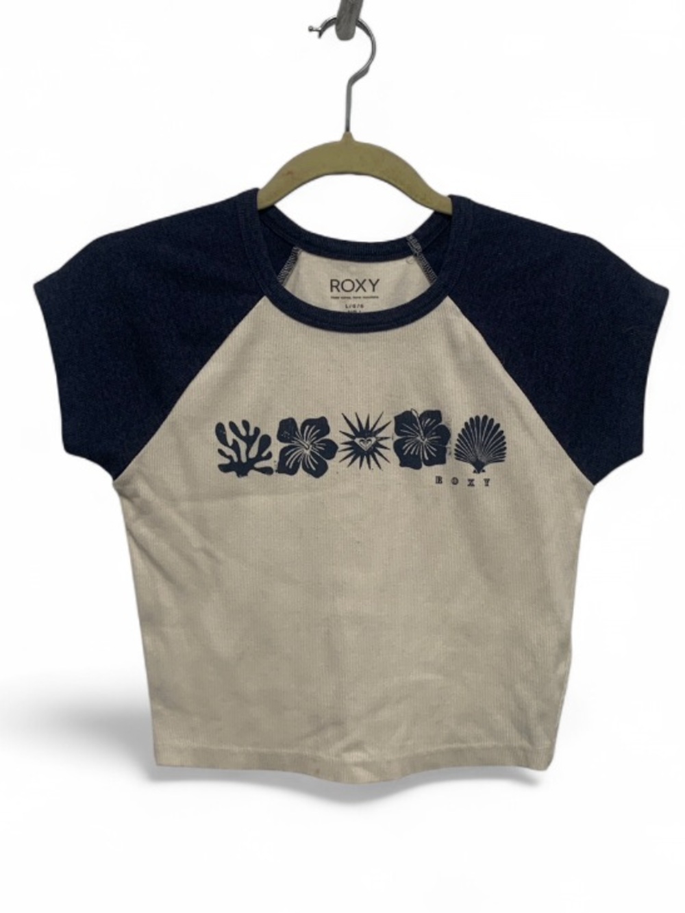 Roxy Cream Cropped Tee with Navy Raglan Sleeves and Floral Beachy Motif